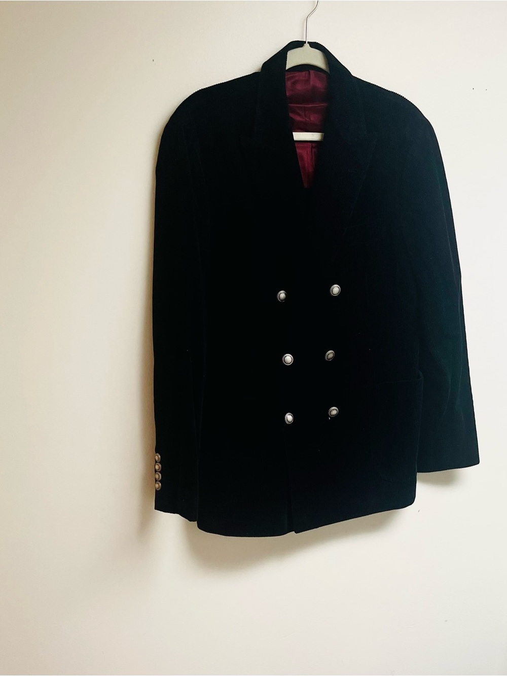 Brunello Cucinelli Black Velvet Double-Breasted Pea Coat with Burgundy Lining